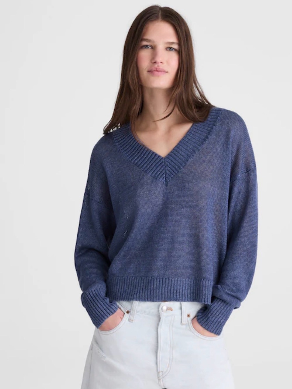 New Madewell relaxed 100% linen deep V-Neck Sweater in Indigo Blue size Small